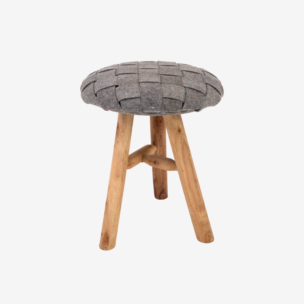 A three-legged wooden stool with a round, grey, woven fabric seat against a plain white background.
