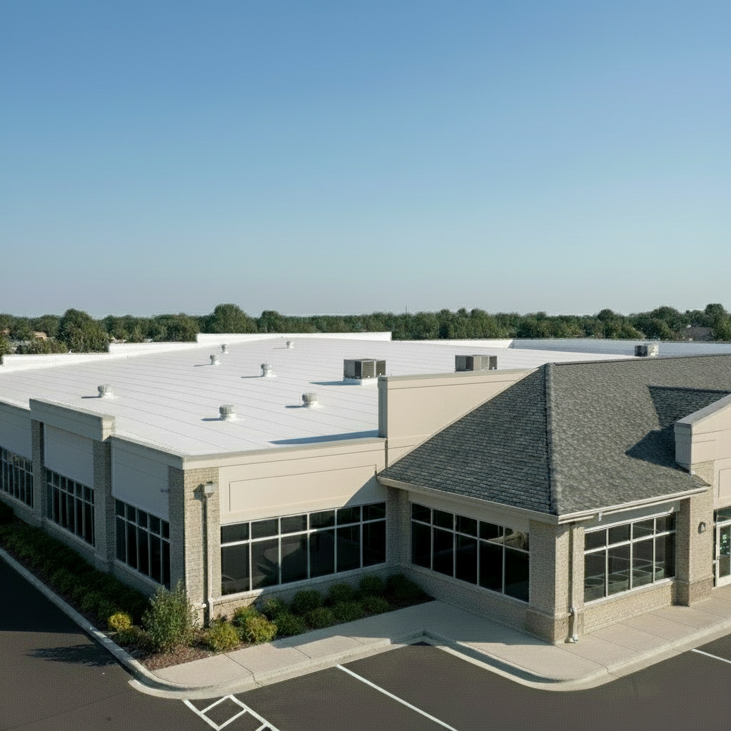 Commercial building with a flat TPO roof and pitched shingled roof
