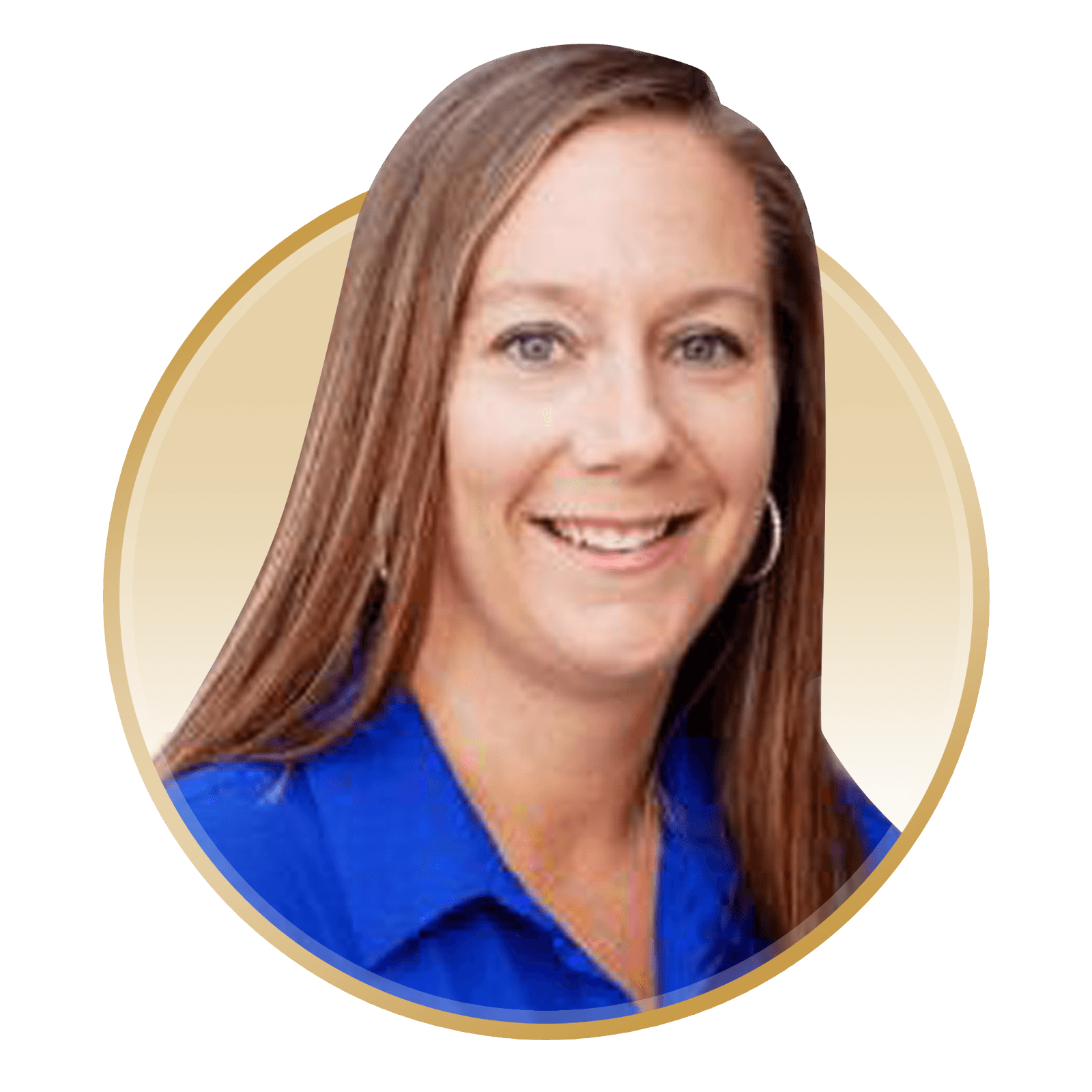 A woman in a blue shirt is smiling in a circle.