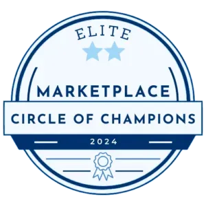 Elite Marketplace Circle of Champions 2024 badge in blue and white with stars and a ribbon.