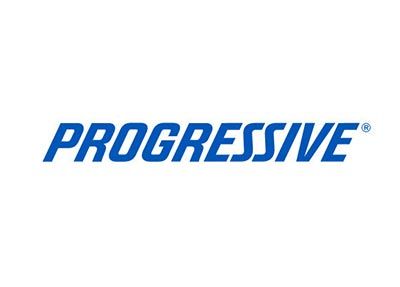Progressive insurance logo: blue tilted wordmark on white.