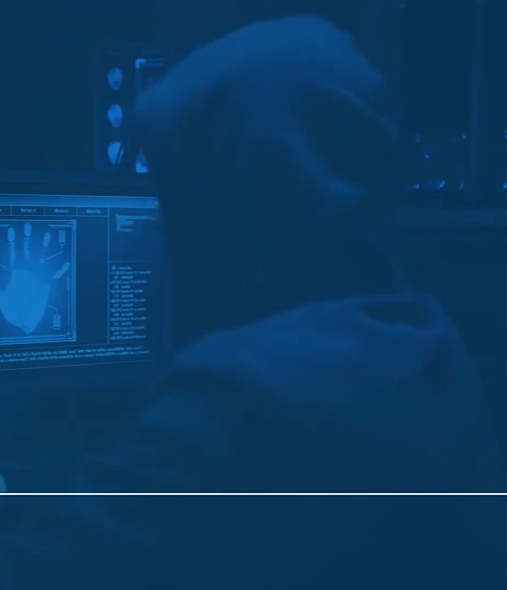 Cybersecurity graphic: 43% of data breaches target small businesses. Blue monitors display hacking tools.