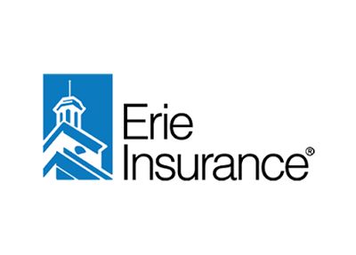Erie Insurance logo: Blue building outline within a blue square, with 