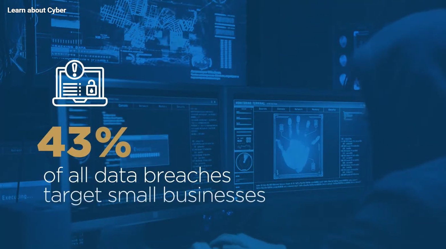 Cybersecurity graphic: a laptop icon with a lock shows 43% of data breaches target small businesses, a monitor background with code.