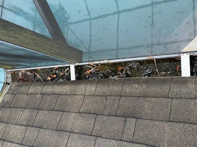 A roof with a gutter filled with leaves and water