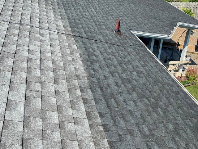 Close-up of asphalt shingles before and after Bright Green Roof rejuvenation treatment.
