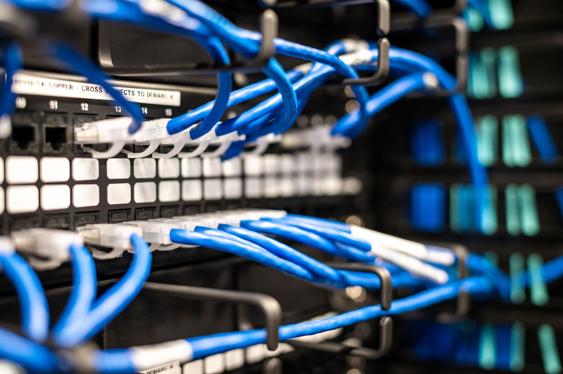 Blue Ethernet cables connected to a network switch in a server rack
