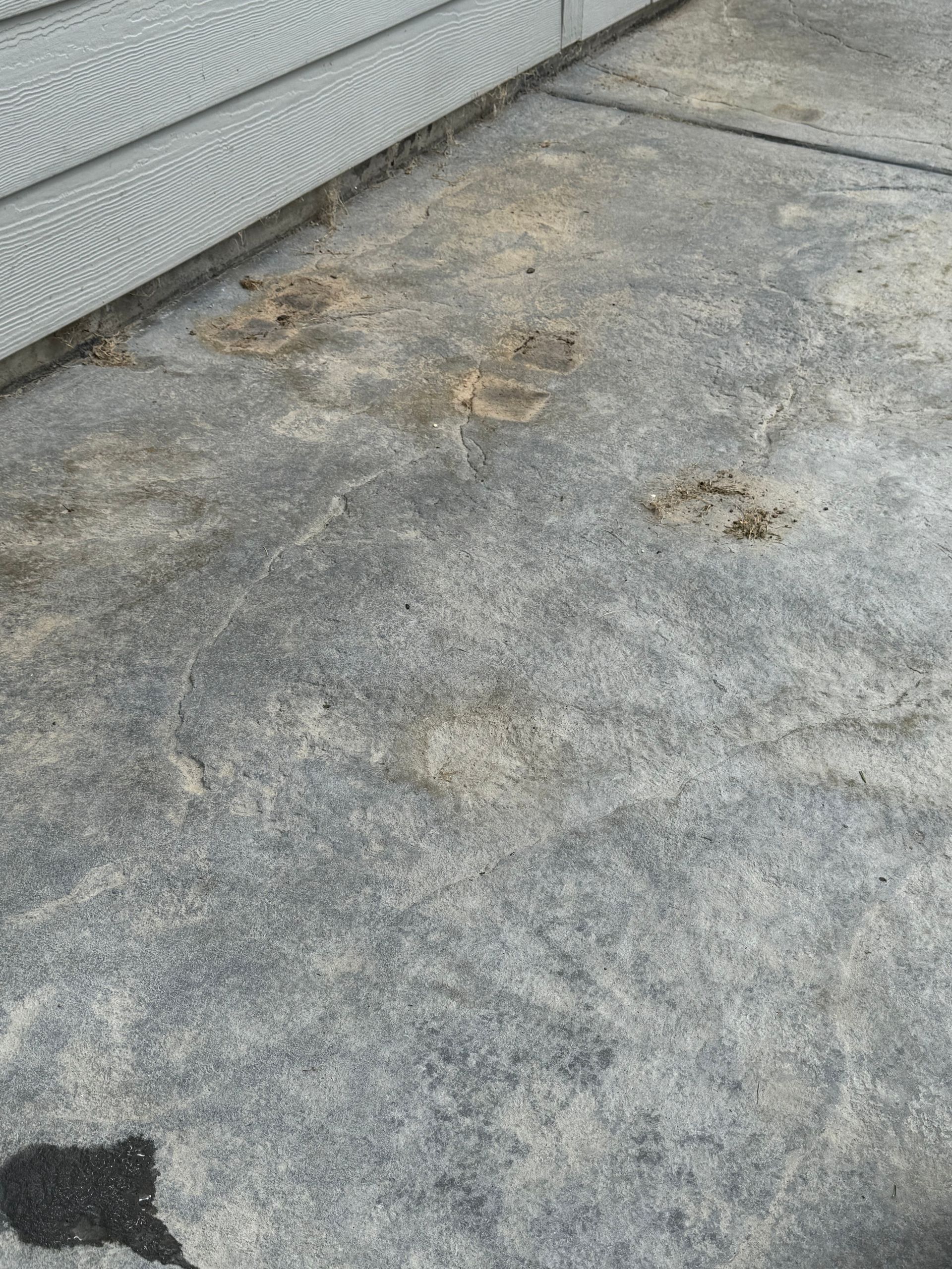 A gray concrete patio surface with visible dirt stains, faint footprints, and a dark spill near the bottom edge.