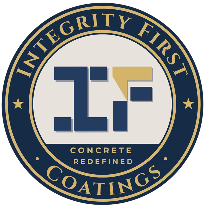 Logo for Integrity First Concrete Coatings featuring an "IF" monogram in navy and gold inside a circular border.
