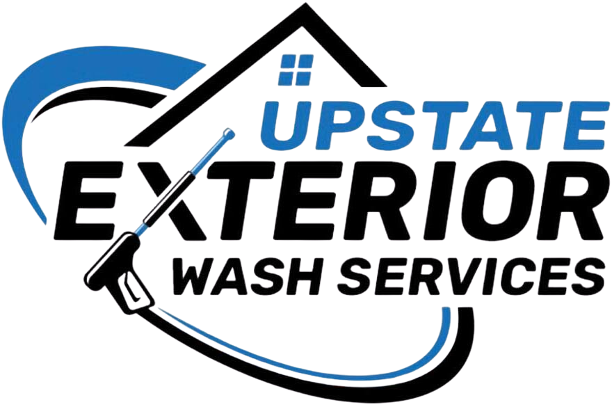 Logo for Upstate Exterior Wash Services: text with a house and a pressure washer.