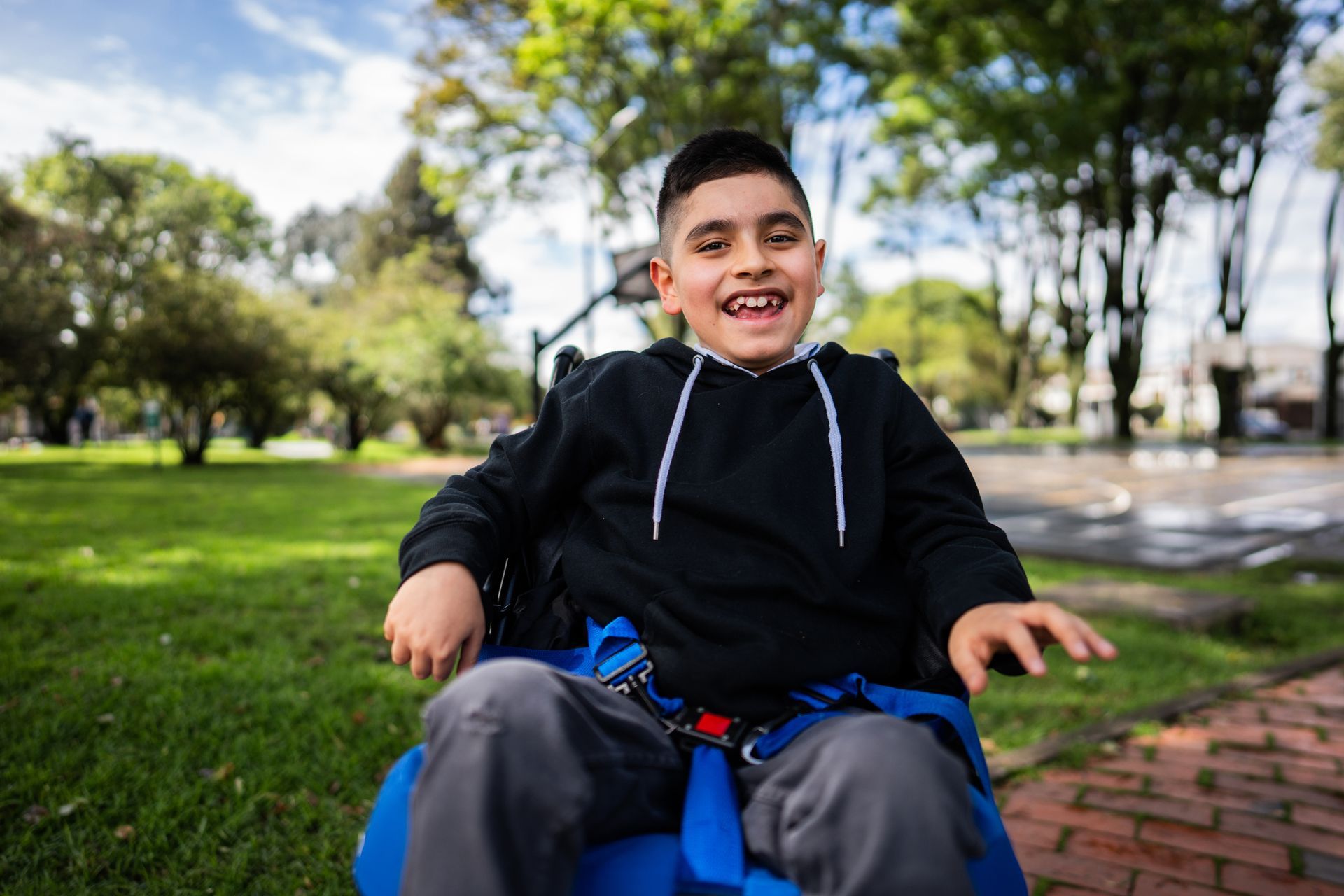 A young boy is sitting in a wheelchair in a park.