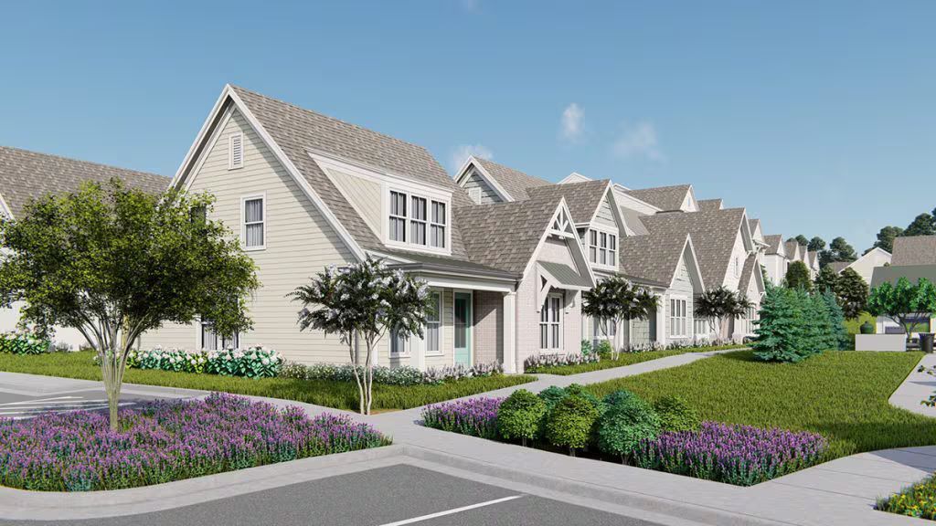 An artist 's impression of a row of houses in a residential neighborhood.