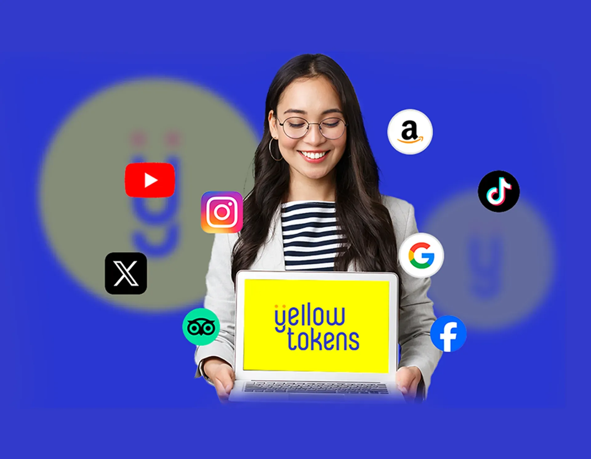 Professional with laptop showing Yellow Tokens logo, surrounded by social media and review icons, illustrating feedback