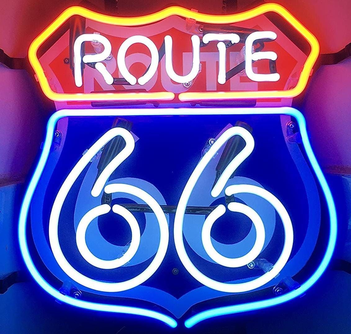 Letrero de neón: escudo de la Ruta 66, con 