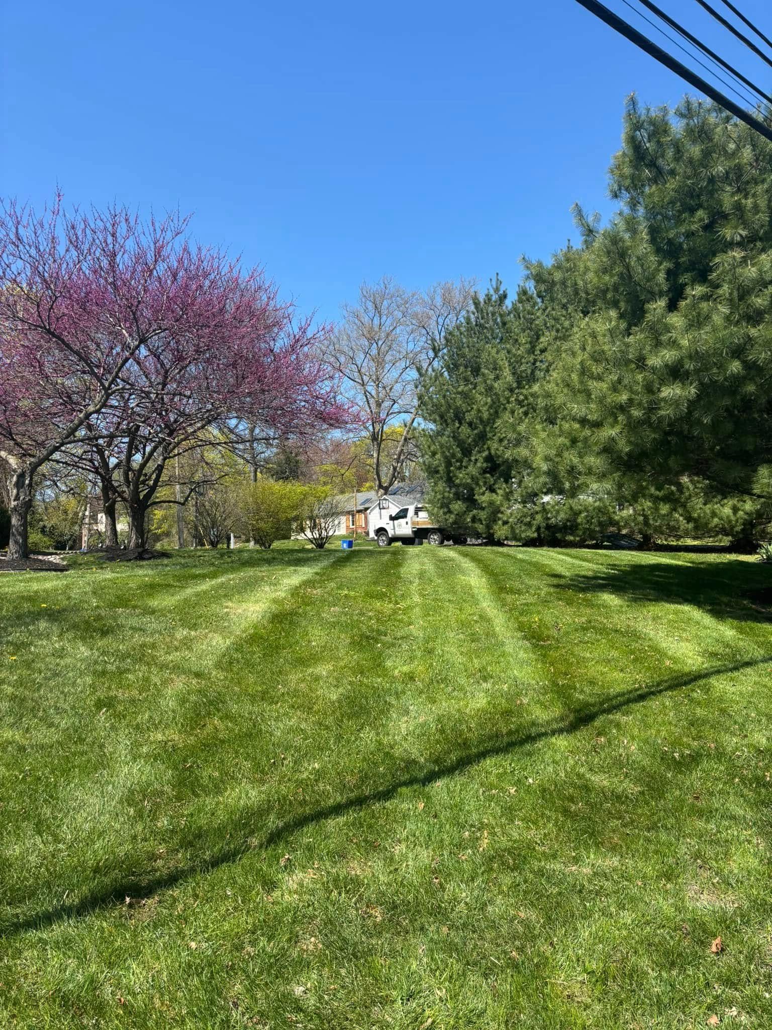 Green lawn with mowed stripes, trees, and blue sky. A white truck is in the distance.