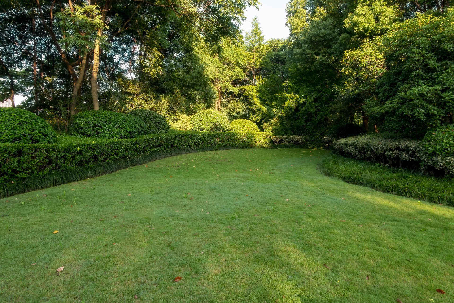 Lush green lawn slopes up toward neatly trimmed hedges and trees, bathed in sunlight.
