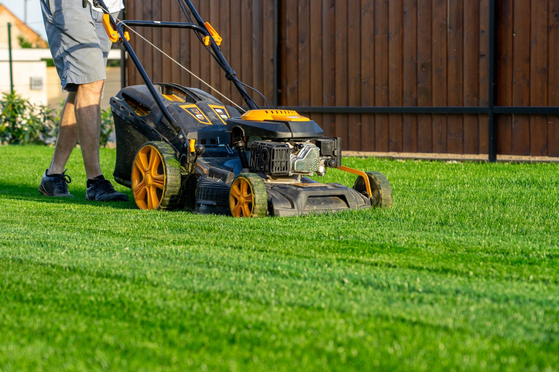 Person mowing a green lawn with a black and yellow lawnmower near a wooden fence.