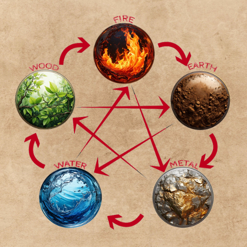 A diagram of the five elements of the earth , fire , water , metal , and wood. - FIVE ELEMENTS APPLICATION
