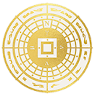 Classical Feng Shui A golden circular emblem featuring a central square, cardinal letters, and repeating geometric patterns.