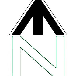 Una freccia nera rivolta verso l'alto, centrata sopra una grande lettera 