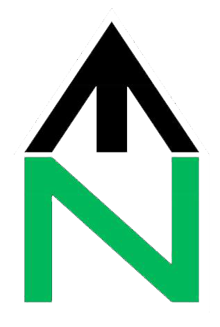 Una freccia nera rivolta verso l'alto si trova sopra una lettera N verde, formando insieme un monogramma o un logo stilizzato.