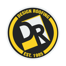 A circular logo for Design Roofing, featuring a stylized 