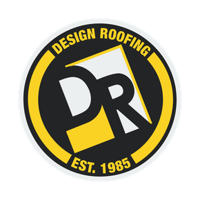 A circular logo for Design Roofing, featuring a stylized 
