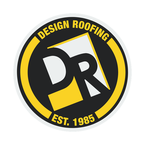 A circular logo for Design Roofing, featuring a stylized 