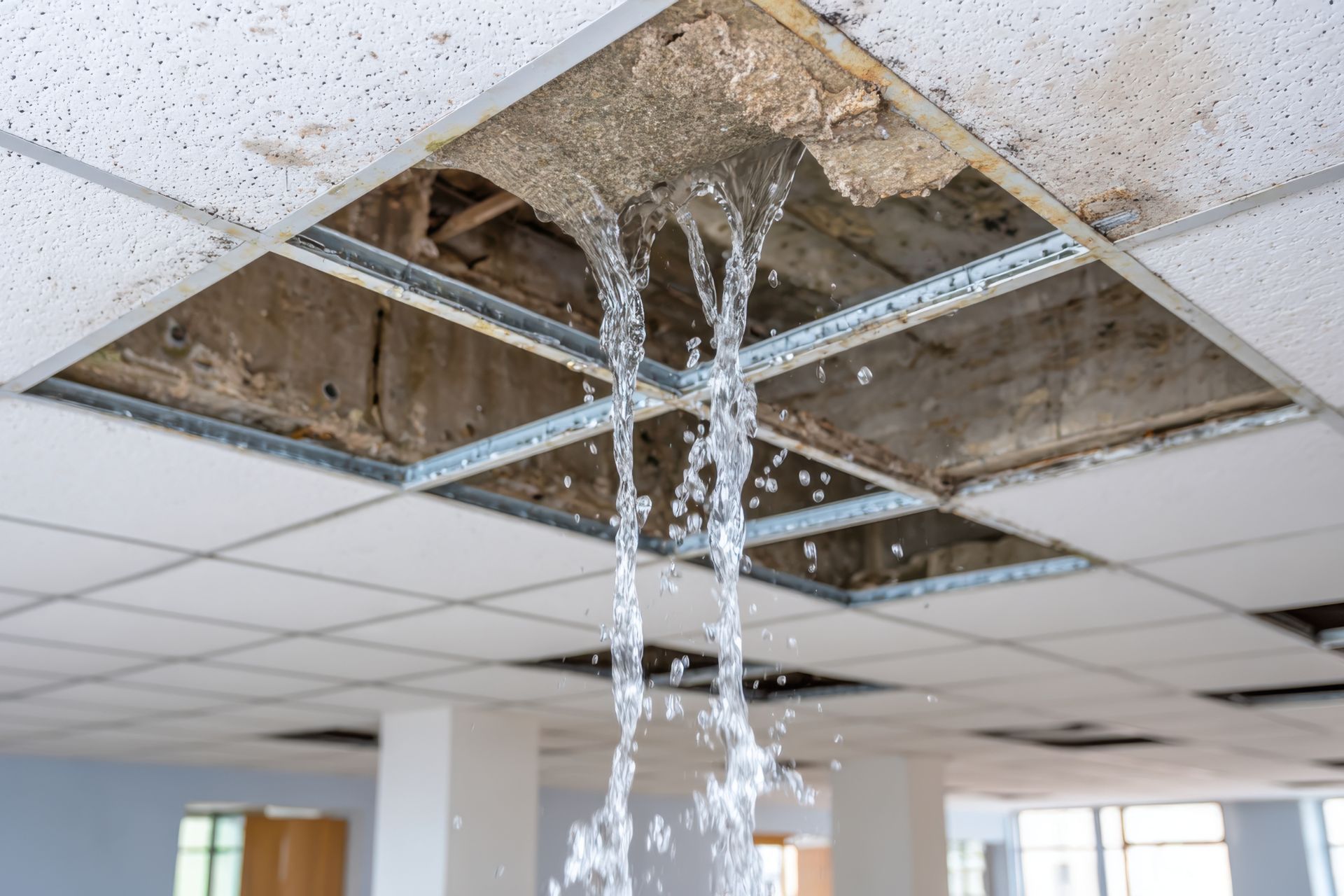 Water leaking through a missing tile in a suspended ceiling of an office building.