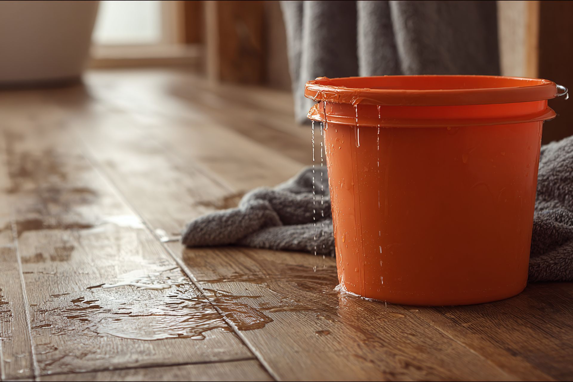 An orange bucket overflows with water onto a wooden floor near a gray towel.