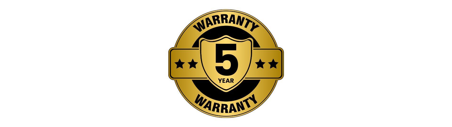 A gold circular warranty badge featuring a central shield icon with the number 5, indicating a 5-year warranty.