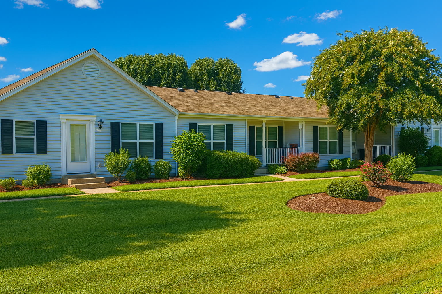 Photo of home exteriors, showing vibrant greenery and a lightly cloudy sky
