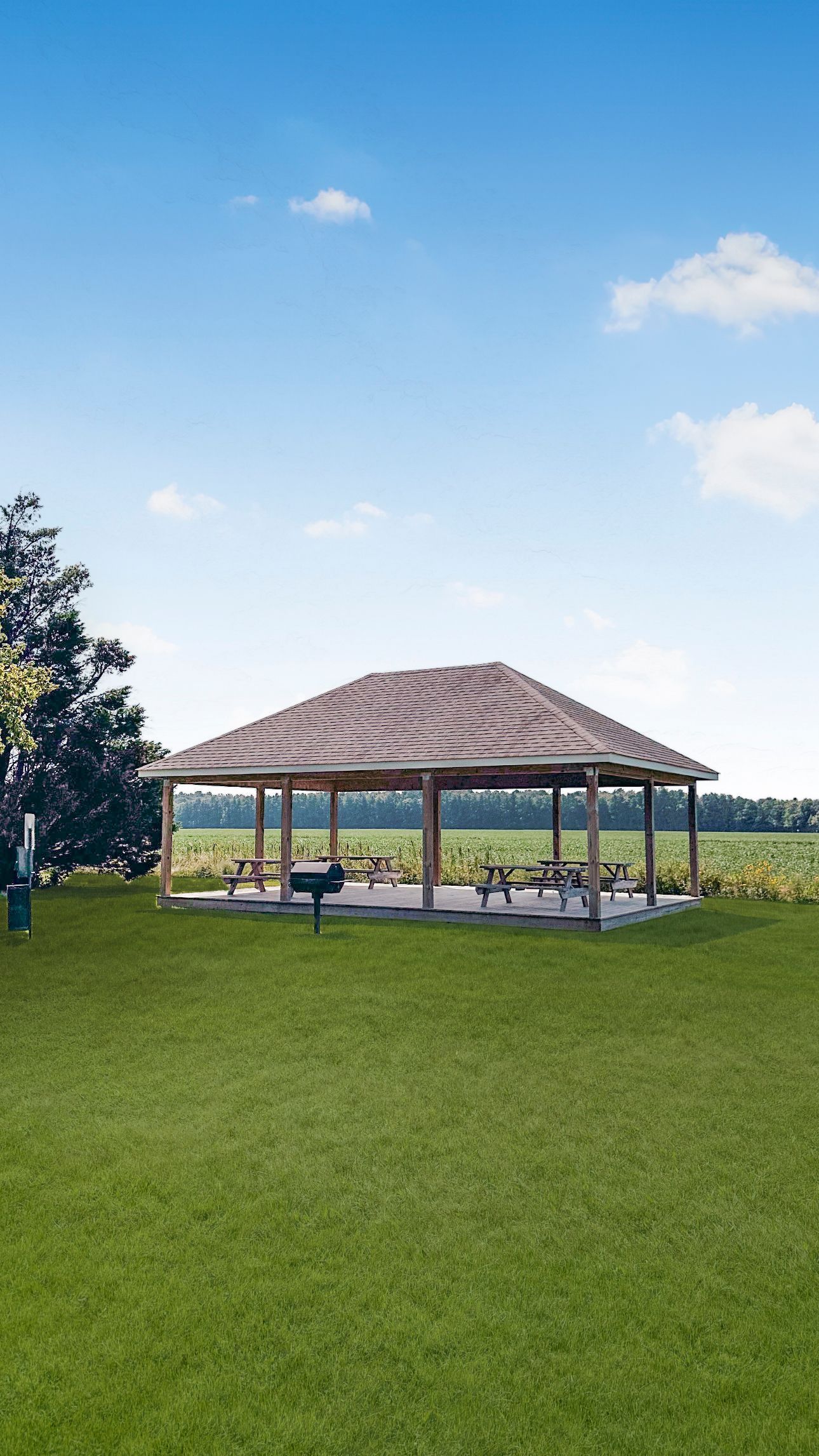 Photo of the pavillion, seen under a lightly cloudy sky