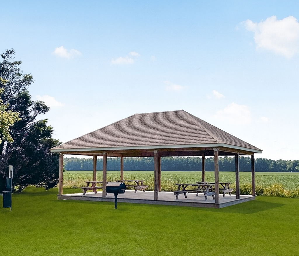 Photo of a gazebo/viewing deck with a grill and places to sit