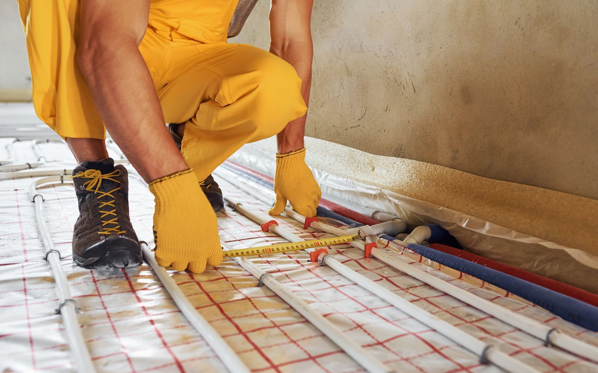 A man in yellow overalls is installing underfloor heating pipes.