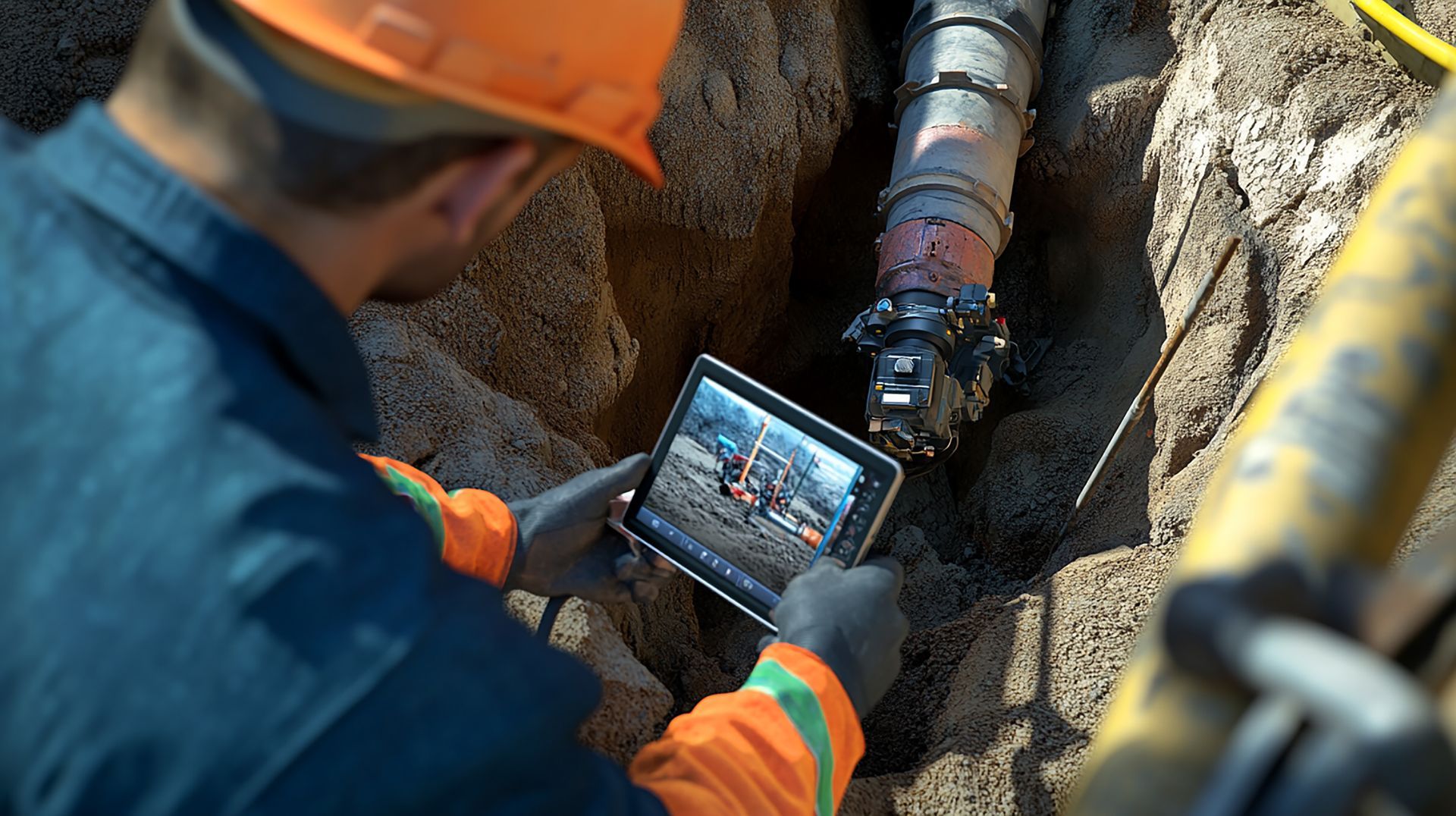 A construction worker is using a tablet computer to take a picture of a pipe.