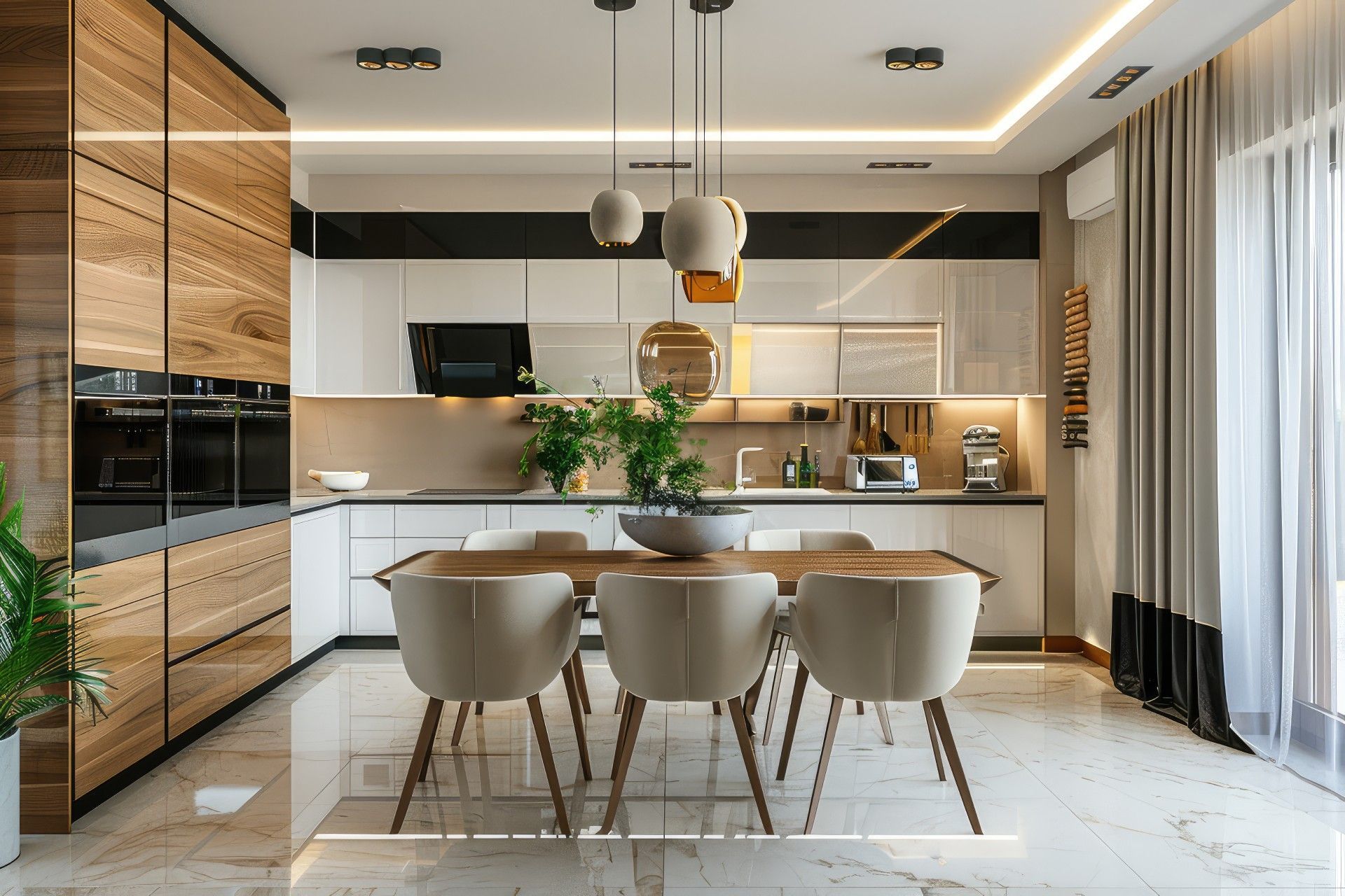 A modern kitchen with a wooden-accented wall, white cabinets, marble floors, and a dining table with four beige chairs.