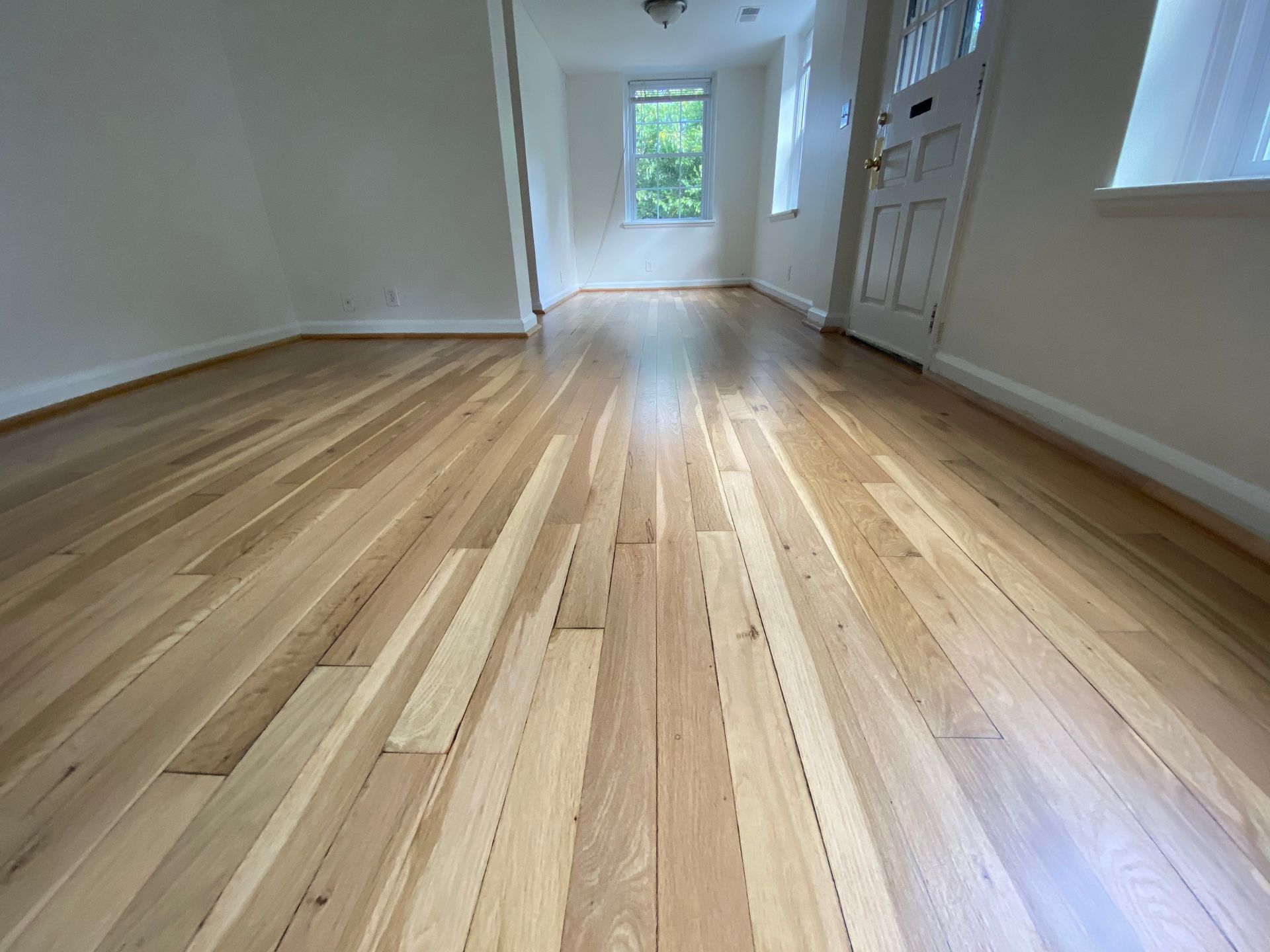 A room with a wooden floor and a door