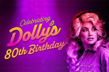 Graphic celebrating Dolly Parton's 80th birthday with photo and text on a purple background.