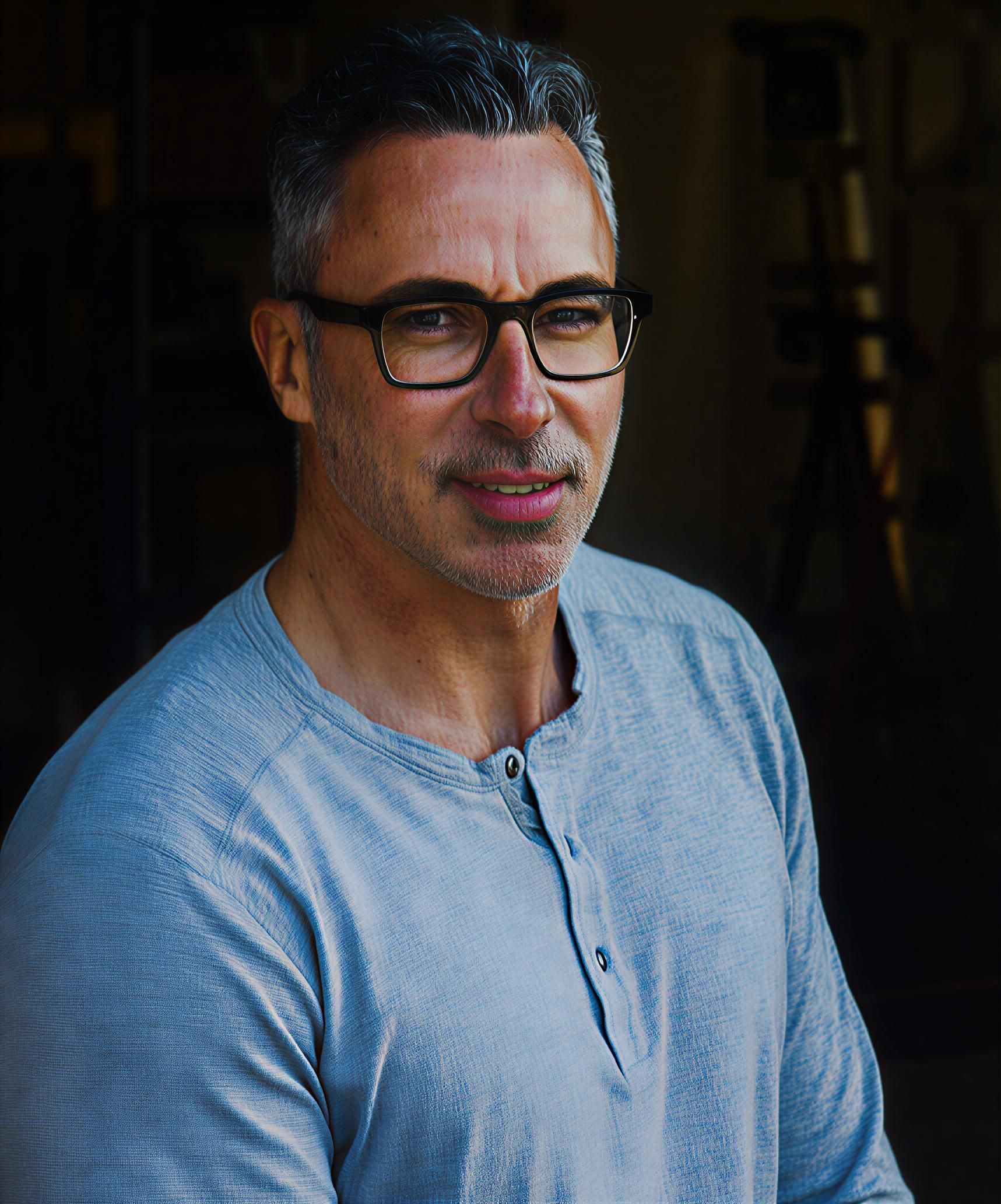 Man with graying hair and glasses wearing a gray Henley shirt, in a workshop setting.