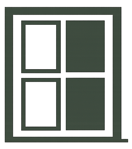 Finestra verde e bianca con quattro vetri. Due vetri sono bianchi, due verde scuro.