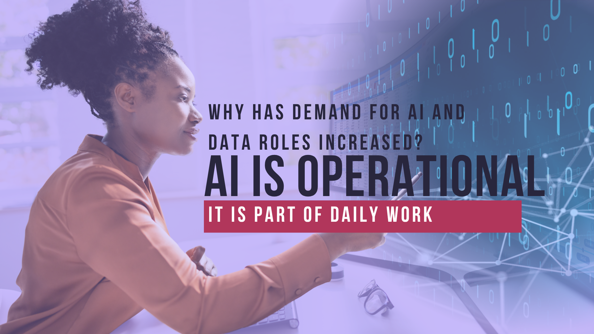 A professional works at a computer in a purple-tinted office. Text reads: 