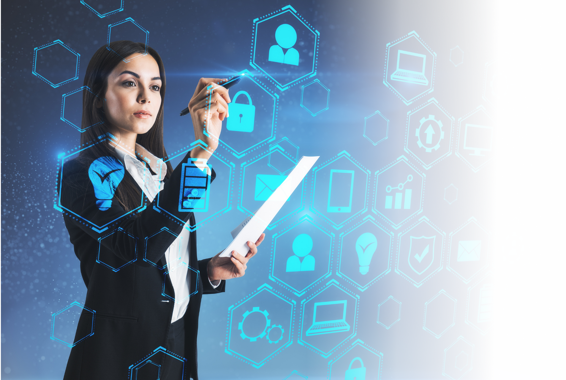 Woman in a suit pointing at glowing digital icons, holding papers.