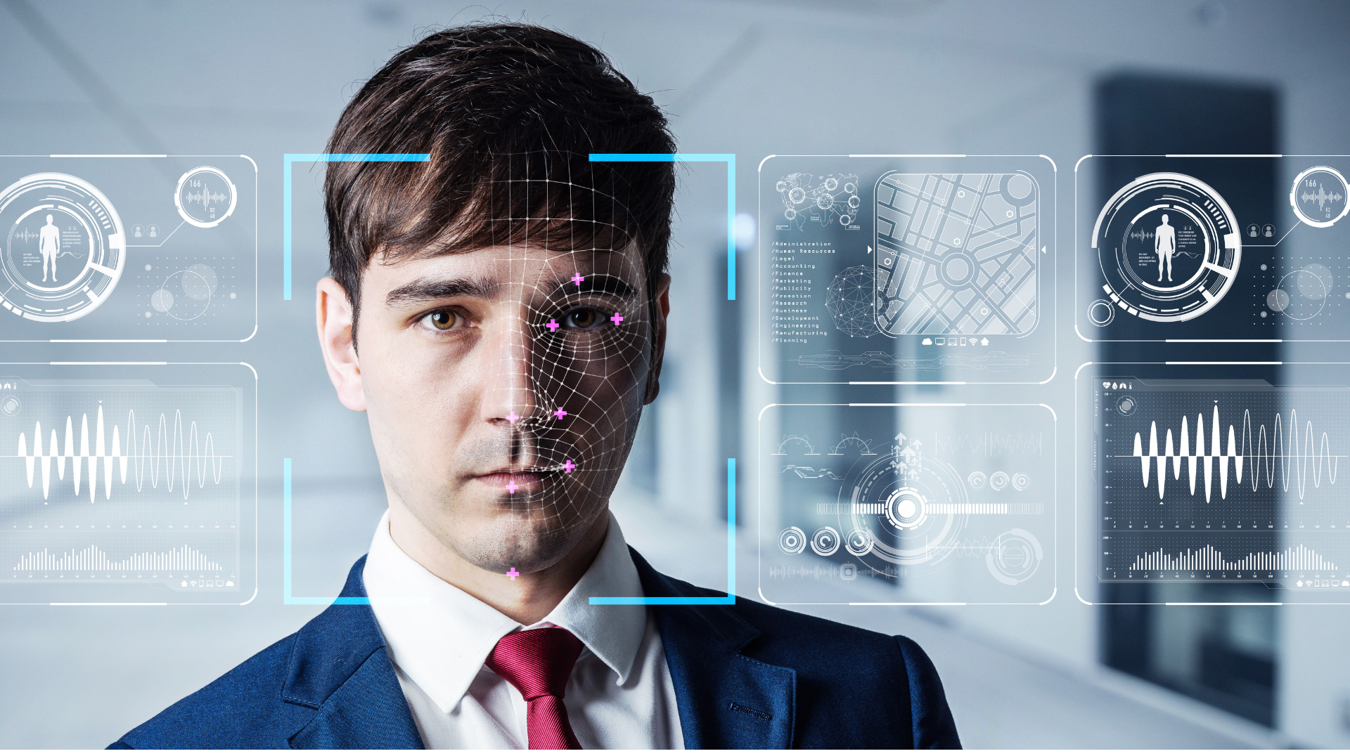 Man in a suit with face scanned by facial recognition software in a blurred office setting.