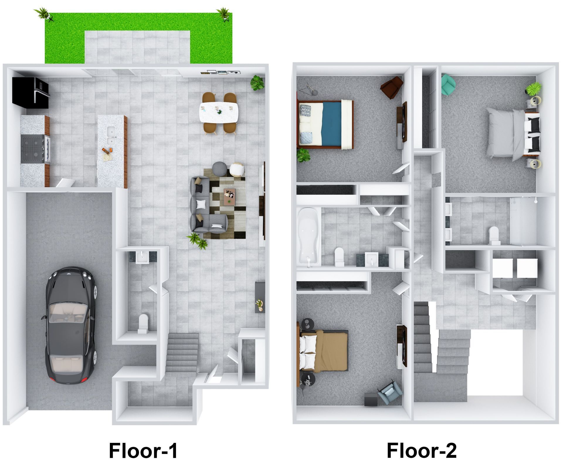Two-story house floor plan, showing garage, living area, bedrooms, and bathrooms in a top-down view