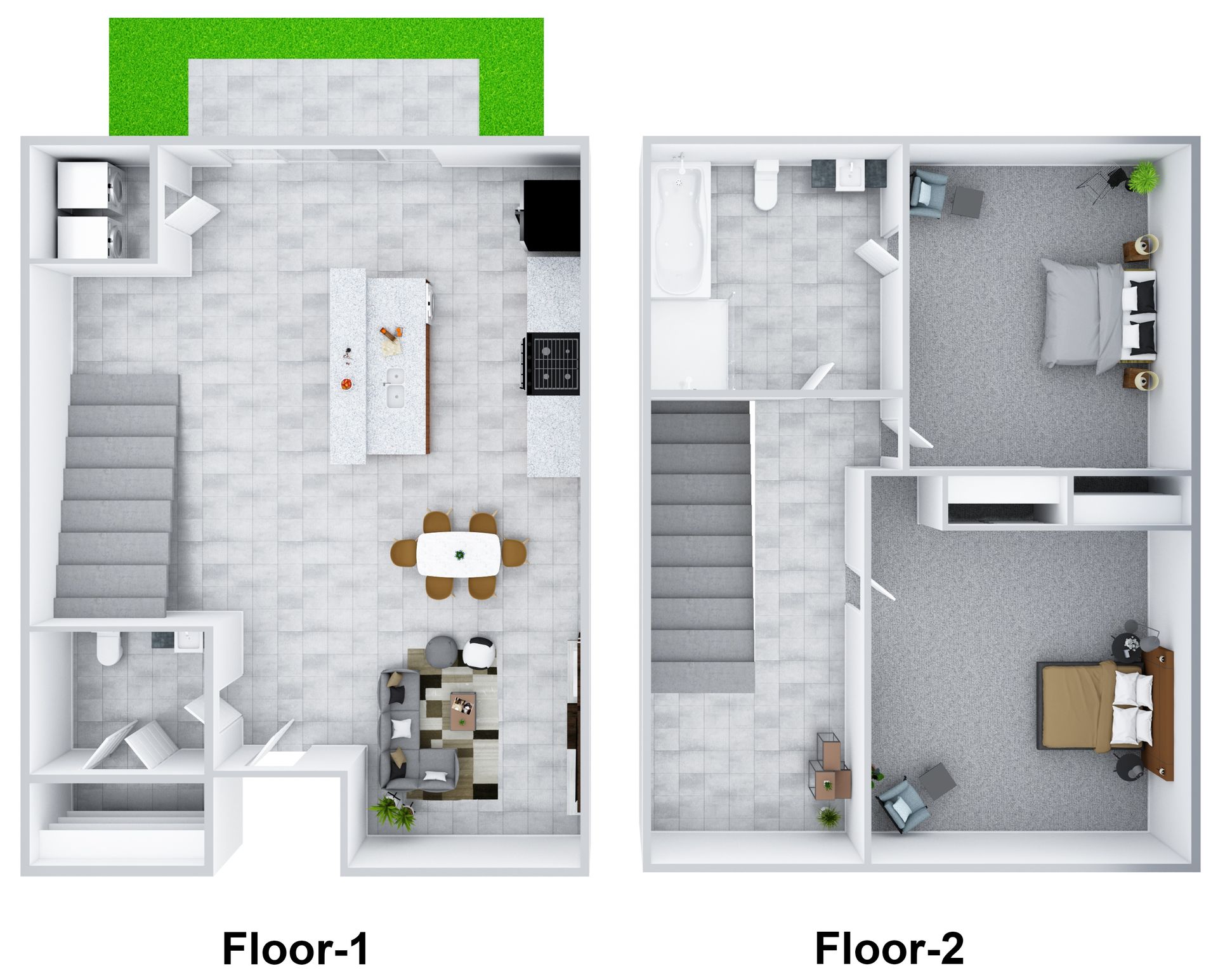 Two-floor house floor plan with stairs, kitchen, dining area, bedroom, and living room.