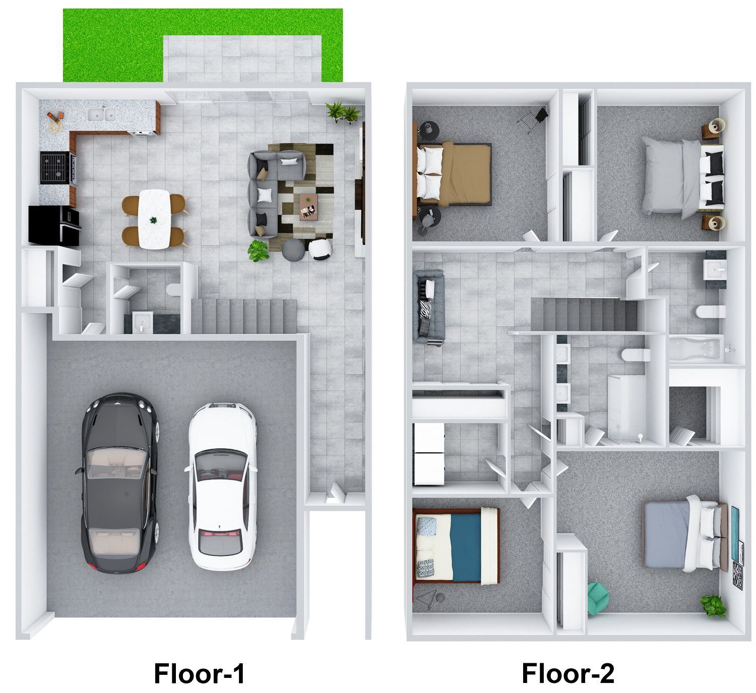 Two-story house floor plan with garage, living area, kitchen, bedrooms, and bathrooms.