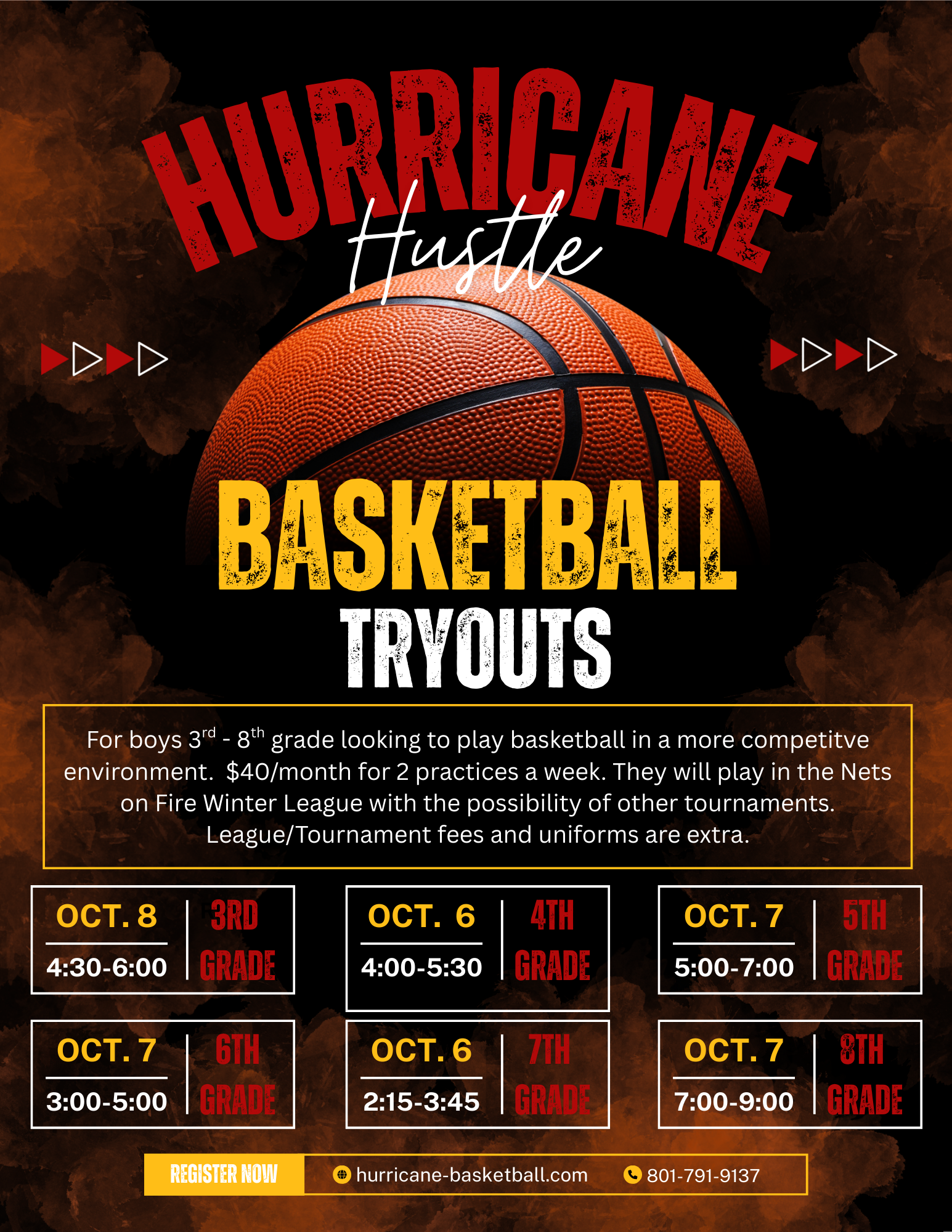 Hurricane Hustle Basketball Tryouts '25 Poster for Boys 3rd-8th grade