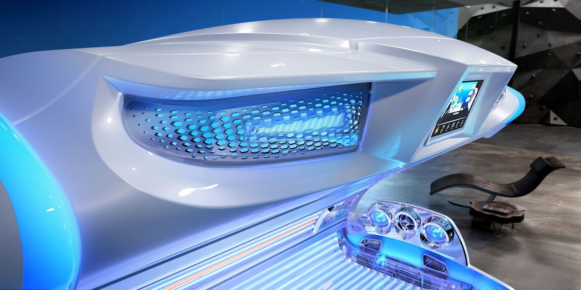 Ein Solarium mit blauem Licht in einem Raum.