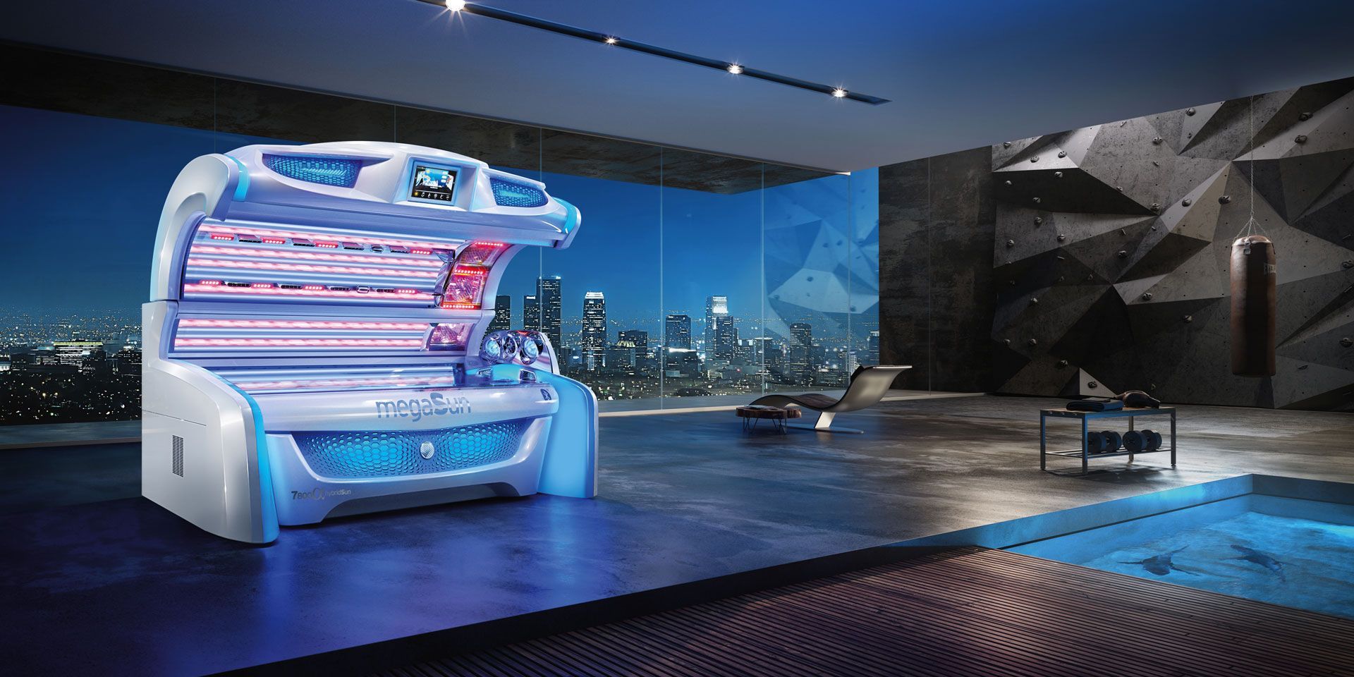 In einem Raum steht ein großes Bräunungsgerät, im Hintergrund ist die Skyline einer Stadt zu sehen.